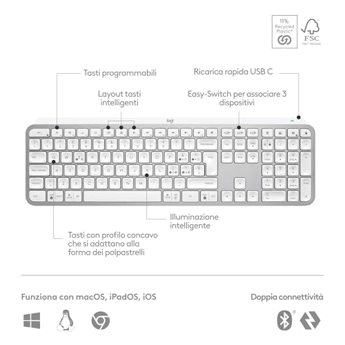 MX Keys S, Tastiera Wireless, Profilo Basso, Tasti Programmabili, Retroilluminazione, Bluetooth, USB C Ricaricabile, per PC Windows/Linux/Chrome/Mac - Grigio chiaro, Layout Italiano QWERTY - Tastiera gaming - Immagine 5