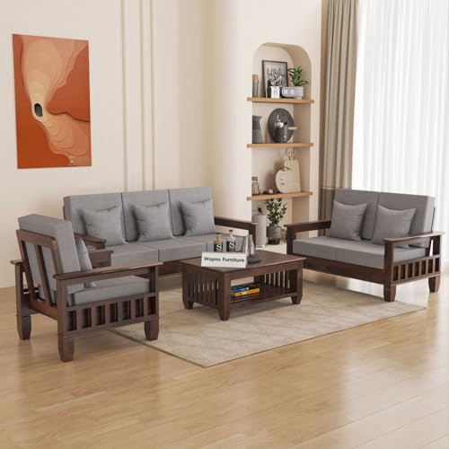 Image of Sheesham Wooden 6 Seater Sofa Set for Living Room | Rosewood Cushion Sofa with Side Newspaper Holder for Home & Office | Solid Wood Sofa Set for Lounge (Walnut, 3+2+1 Seater)