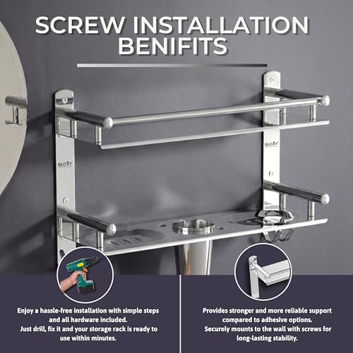 Image of GLOXY Premium Stainless Steel Bathroom Shelf Combo Pack of 3 | Chrome Finish Bathroom Accessories Set with Soap Holder, Toothbrush Holder & Storage Shelves | 4 in 1 Wall Mounted Bathroom Organizer