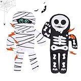 PAWCHIE Halloween Squeaky Dog Toys 2 Pcs for Small Medium Dogs,No Stuffing Crinkle Puppy Toy,Soft Pet Plush Teething Toys Mess-Free Interactive Chew Toy for Boredom Ideal, Skeleton & Mummy