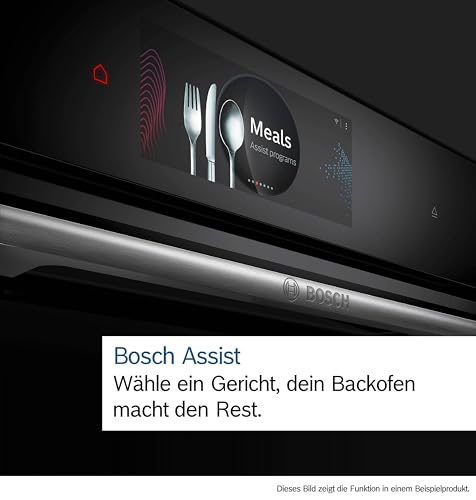 Bosch HBG7741B1, Serie 8 Smarter Einbau-Backofen, 60 x 60 cm, Made in Germany, Schwarz, Pyrolyse & Hydrolyse Selbstreinigung, Air Fry, Back Assist, 4D Heißluft, Farb-Touchscreen & Bedienring