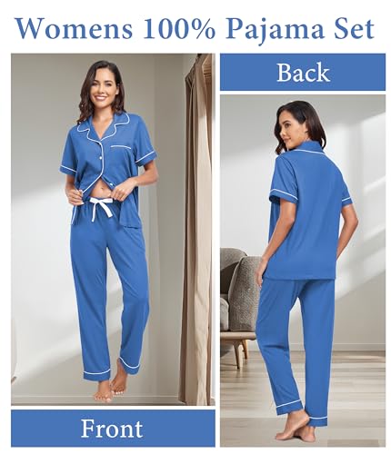 Image of CF Womens 100% Cotton Pajamas Set Button Down Pjs Sets Short Sleeve Top & Long Pants Sleepwear Comfy Loungewear with Pockets
