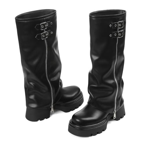 Lyrisiphy Knee High Boots for Women Foldover Wide Calf Pull on Cute Chunky Platform Riding Boots Fashion Long Tall Fall y2k Trendy Boots for Festival Concert Punk Rave2