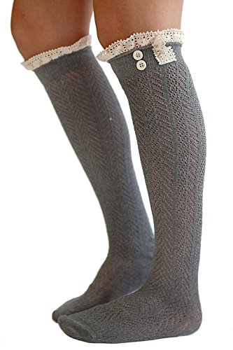 Modern Boho The Original Button Boot Socks with Lace Trim Boutique Socks Dark Grey
