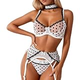 Generisch Conjunto de sujetador negro con lunares bordados para mujer, elegante y cómodo, Blanco, S
