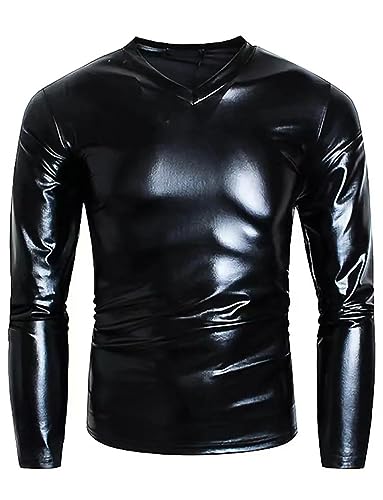 AIEOE Camisas masculinas de couro metálico brilhante, slim fit, stretch, top molhado para festas, Pr