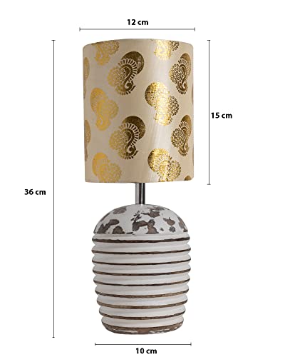 Image of Homesake Wooden Lamp for Living Room | Table Lamp for Bedroom | Bedside Lamp with Fabric Shade | E27 Holder with Bulb Included | Warm Light Night, Study Table & Home Decor, Golden Peacok Shade
