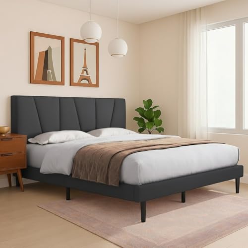 Image of Wooden Upholstered Bed King Size Without Storage | Wrought Iron King Size Cot with Headboard | Double Size Bed for Bedroom | Palang Furniture for Guest Room, Dark Grey, (Dark Grey)