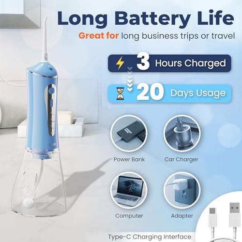 7AM2M Water Dental Flosser Cordless for Teeth,300ML Rechargeable Travel Portable Cleaner,with 6 Jet Tips and 3 Modes, Water Dental Flosser Picks for Cleaning(Blue)