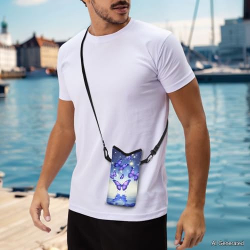 Image of Neoprene Cellphone Crossbody Bag Small Cell Phone Case Waterproof Crossbody Sling Bag with Adjustable Strap Hands-Free for Women Men, Violet Butterfly Water Reflection Blue