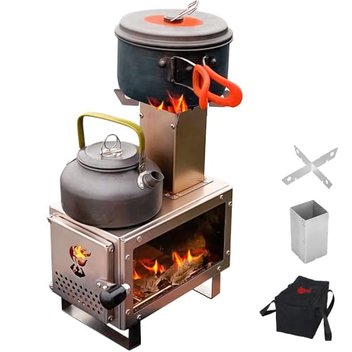 薪ストーブ新昇級1台2役キャンプ耐熱ガラス窓付きミニ薪ストーブステンレス鋼ロケットストーブ煙突付き小型ソロストーブ焚き火台コンパクトアウトドアストーブBBQ調理暖炉1-2人用卓上薪ストーブテント用キャンプ用品収納袋付きのサムネイル
