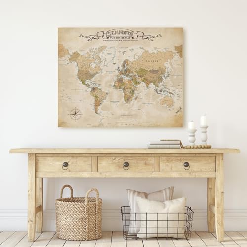 Image of DECORARTS - Large Antique Vintage World Map Canvas Wall Art, Old World Maps for Wall Decor, Hand-Stretched Giclee Print, Home Office Statement Piece, Handcrafted in USA, 35x28''