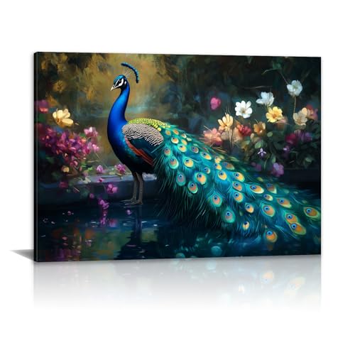 JINLUNTA Peacock Canvas Wall Art Dark Floral Peacock Oil Painting