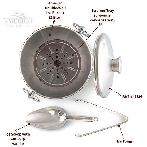 Amerigo Exclusive Insulated Ice Bucket - Well Made Double-Wall Champagne Bucket Keeps Ice Frozen Longer - 3 Liter Stainless Steel Ice Bucket for Parties with Lid, Strainer, Ice Tongs + Free Ice Scoop