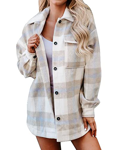 BTFBM Women's Long Sleeve Button Down Jackets Plaid Flannel Shirts Tops Casual Lapel V Neck Oversized Shackets Blouses Top