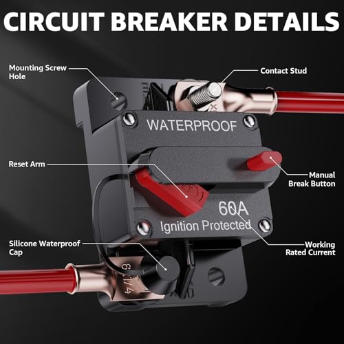 ComeWay Circuit Breaker with Manual Reset, DC 12V-48V Waterproof Surface Trolling Motor Circuit Breaker for Boat Trolling Motor Marine ATV Trailer Vehicle Auto Car Truck Electronic Inline Fuse (60Amp) - Thumbnail 6