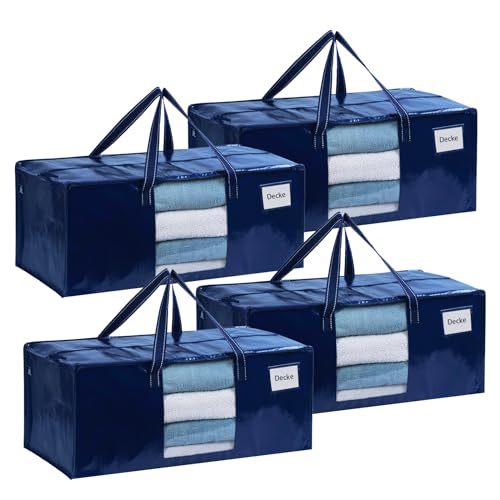 VENO 4er-Pack Umzugstaschen XXL (87 Liter) mit Sichtfenster,Aufbewahrungstasche mit Starken Griffen & Reißverschluss, Faltbare Alternative zu Umzugskartons für Kleidung & Bettwäsche (Blau)