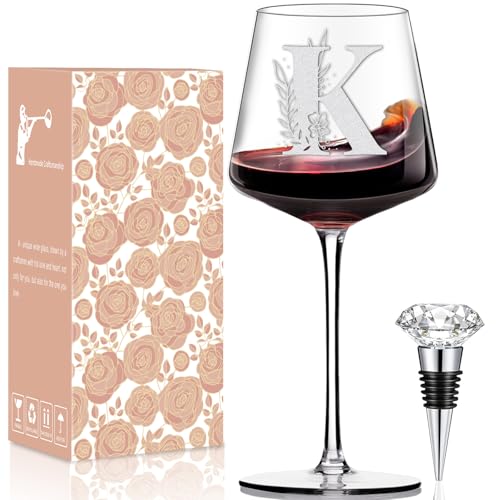 Physkoa Personalized Wine Glass-Wine Glass Gifts for Women(Etched Dishwasher Safe) Customized Wine Glasses with Initial K-Monogrammed A-Z Custom Gifts for Women, Friend, Mom, Wife Birthday