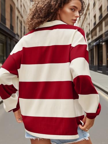 Women Striped Polo Shirt Y2K Oversized Long Sleeve Collared Pullover Jersey Sweater Vintage Loose Rugby Sweatshirt3