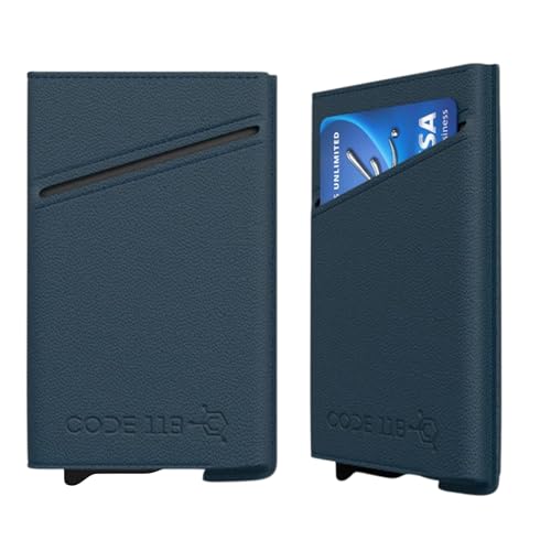 CODE 118 Leather Carrying Case | Slim Minimalist Pop Up Wallet for Men | Compact Card & Cash Holder Compatible with Accessories | Premium Leather Front Pocket Wallet with Card Ejector (Navy Blue)