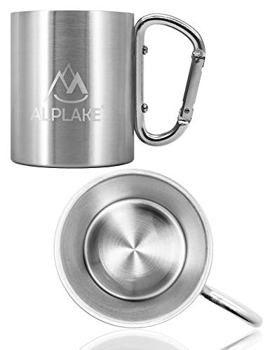 ALPLAKE® - Taza de acero inoxidable de doble pared, taza de metal, asa de mosquetón, 250 ml - Imagen 5