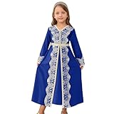 OBEEII Kids Girls Muslim Eid Ramadan Abaya Long Sleeve V Neck Lace Prayer Dress Middle East Arabic Kaftan Dress with Belt Dubai Islamic Church Robe Toddler Girl Muslim Clothes Navy Blue 6-7 Years
