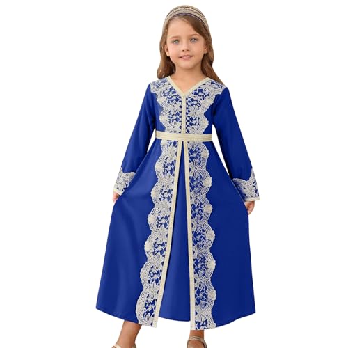OBEEII Kids Girls Muslim Eid Ramadan Abaya Long Sleeve V Neck Lace Prayer Dress Middle East Arabic Kaftan Dress with Belt Dubai Islamic Church Robe Toddler Girl Muslim Clothes Navy Blue 6-7 Years