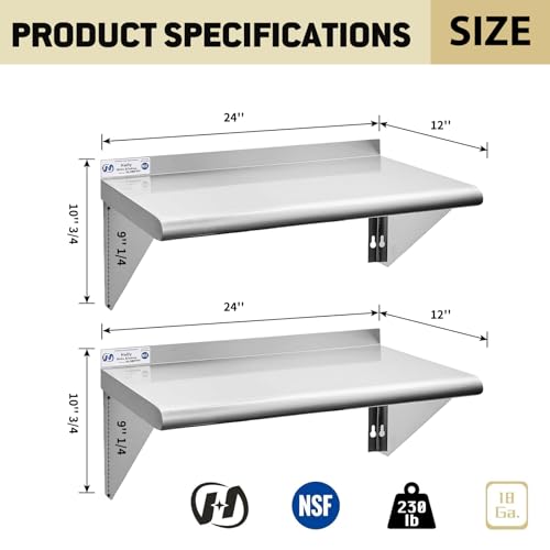 Image of Hally Stainless Steel Shelf Wall Mounted Metal Shelf Wall Shelf 12 x 24 NSF Heavy Duty 230 lb Capacity, Commercial Wall Mounted Storage Rack for Kitchen, Garage, Laundry Room 2 Pack