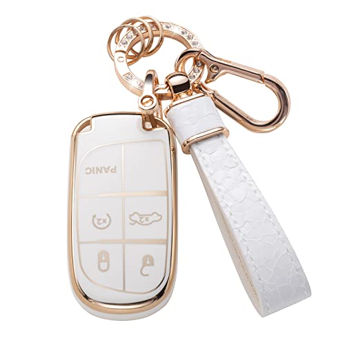 Muzizyq for Jeep Key Fob Cover with Leather Keychain Soft TPU Protection Key Case Compatible with Grand Cherokee Renegade Smart Key White