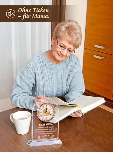 WinTaim Geschenk für Mama zum Geburtstag & Muttertag – Edle Glasuhr mit Spruch von Tochter & Sohn – Besondere Geschenkideen für Frauen – Dekorative Tischuhr in Geschenkbox