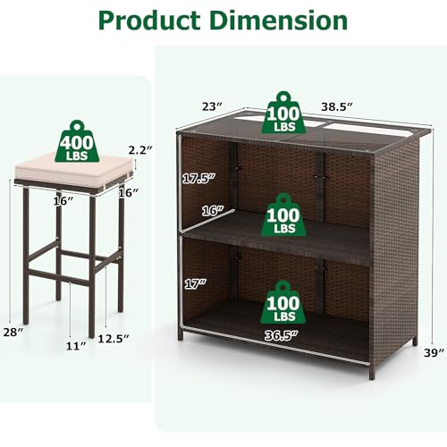 RELAX4FLIE 3-Piece Outdoor Bar Set - PE Rattan Wicker Bar Table and Stools with Removable Cushions, Tempered Glass Top & 2 Storage Shelves for Porch, Backyard, Garden, Poolside - Thumbnail 3