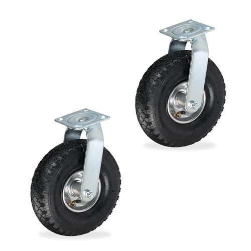 Relaxdays Lenkrollen 2er Set, luftbereift, 3.00-4, Schwerlastrollen, Platte zum Anschrauben, bis 240 kg, schwarz/silber