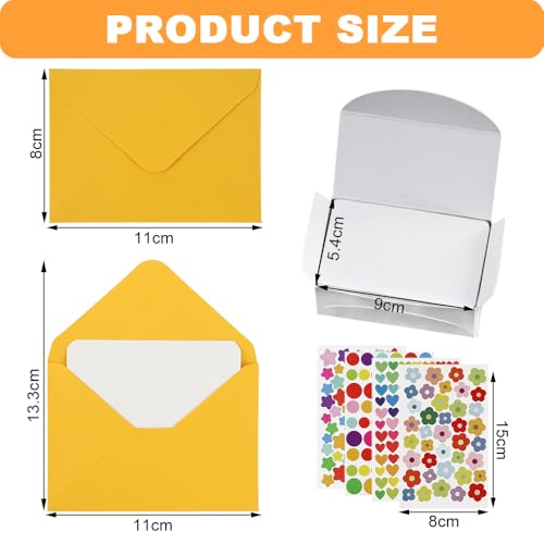 Lvjkes Mini Briefumschläge, 72 Stück Reine Farbe Mini Umschläge, 100 Stück Weiße Leere Karten und 4 Blatt Aufkleber Umschlag, für DIY Bastelprojekte, Hochzeit Geburtstagsfeier Einladung