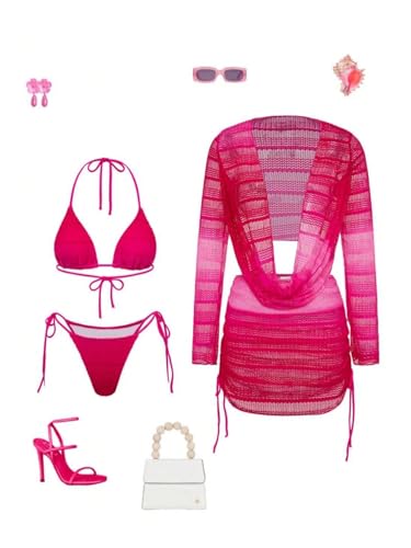 Bikini thong rose résistant au chlore avec haut de plage filet - 5