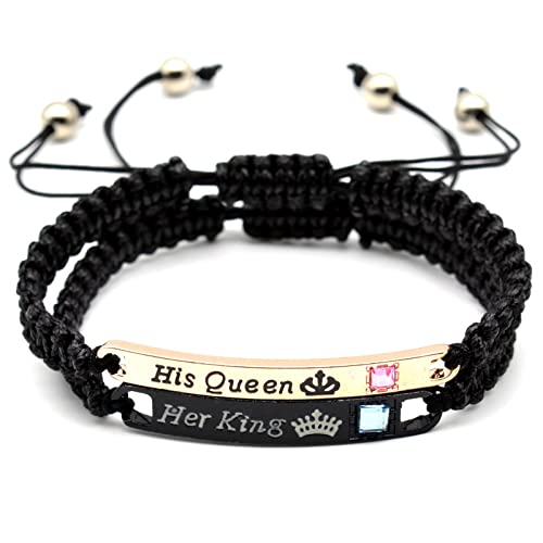 Caiyao 2Pcs Engraved His Queen Her King Couple Matching Bracelet Set Handmade Adjustable Braide Rope String Bracelet for Women Men Lover Protection Relationship Jewelry Gift-A black