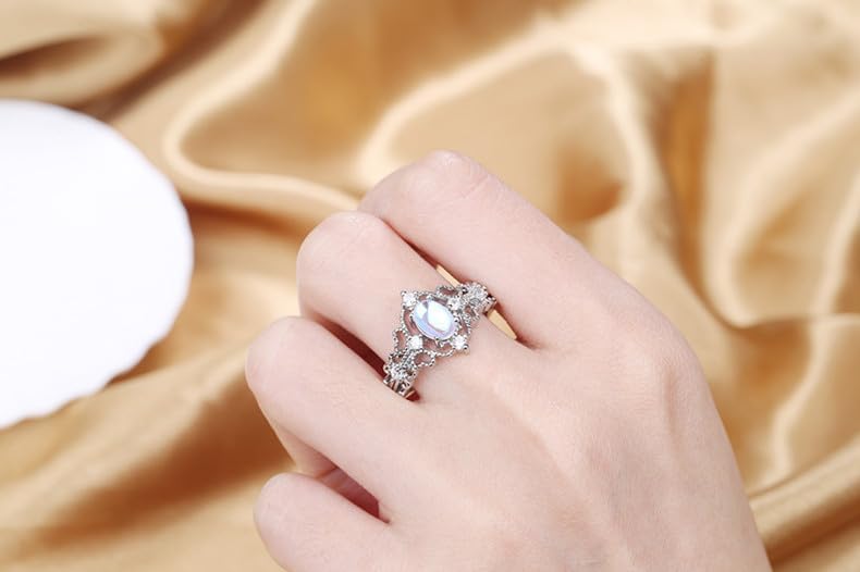 Gziweuwi Women's 925 Sterling Silver Vintage Ring Hollow Filigree Design Moonstone & Cubic Zirconia Open Adjustable Statement Index Finger Ring