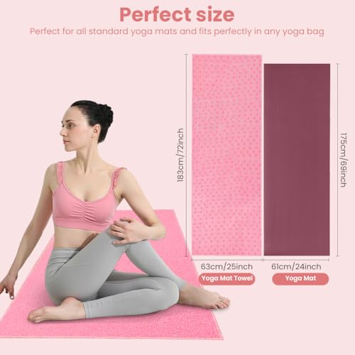 flintronic Mikrofaser Hot Yoga Handtuch, Yoga Handtuch rutschfest, 183x63cm, für Yogamatte, Decke oder Fitness-Zubehör Saugfähig Schnelltrocknend Yogatuch mit Kühlendes Handtuch (Rosa)