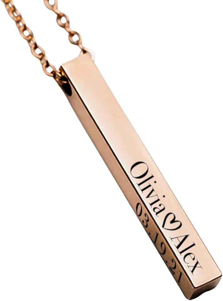 Elosh Customized Elegance 3D Vertical Bar Necklace with Engraved Name Pendant Personalized with your text Custom made