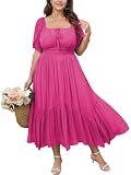 SHESTARR Women's Plus Size Dress Short Sleeve Square Neck Tie Front Ruffle Hem Boho Maxi Milkmaid Dress Hot Pink