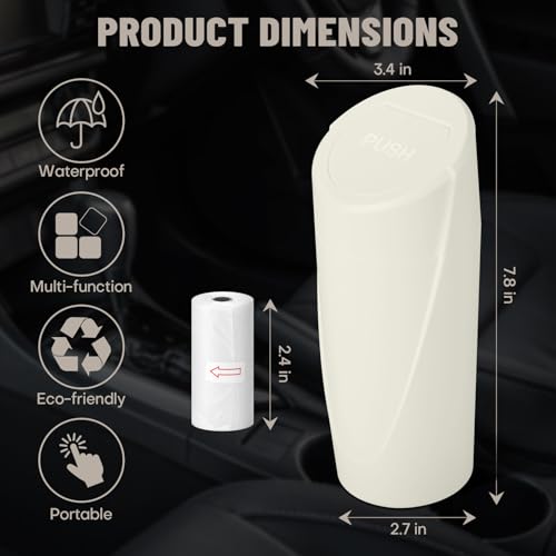 Image of Car Trash Can Bin with Lid - Car Garbage Can Cup Holder - Cream Mini Leakproof Vehicle Garbage Bin with 20pcs Trash Bags-Automotive Organizers and Storage for Front Back Seat Accessories