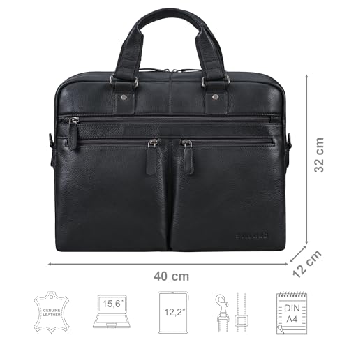 STILORD "Eugen" skórzana teczka na ramię z przegrodą na laptopa 15,6 cala vintage torba biurowa DIN A4 torba na notebooka teczka biznesowa wykonana z prawdziwej skóry Kolor:czarny obsydian
