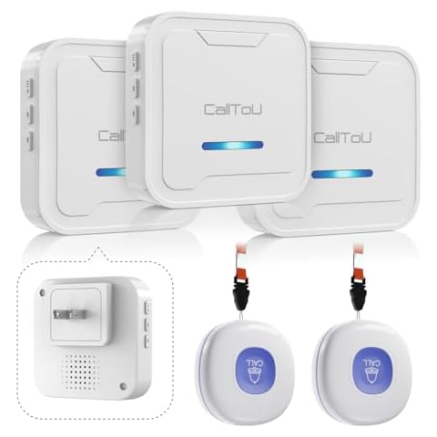 CallToU Caregiver Pager Call Button Wireless Waterproof Vibration Nurse Calling Alert System Patient Help System for Home Elderly Monitoring 600+Feet with 2 SOS Buttons 3 Receivers Cover