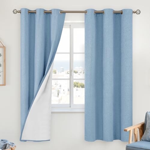 Image of YoungsTex Light Blue Linen Blackout Curtains 63 Inches Long for Bedroom, Room Darkening Thermal Insulated Drapes with Grommet for Coastal Living Room, 2 Panels, 42 X 63 Inch