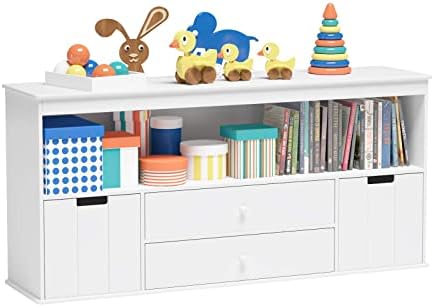 Timy Toy Storage Organizer with 2 Drawers, Wooden Toy Organizer Bins, Kids Bookshelf for Reading, Storing, Playing, White