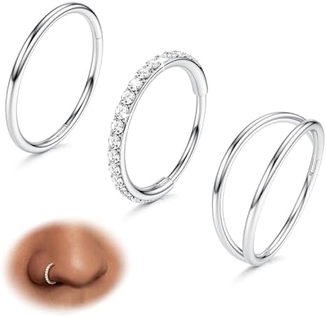 BodyBonita Surgical Steel Double Hoop Nose Rings 3pcs 16G/18G/20G Silver Seamless-Hinged-Piercing Gold Plated Nose Rings Hoops Tragus Daith Rook Conch Helix Cartilage Earrings Nostril Piercing Jewelry