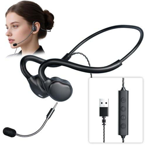 QOEKUEY Open Ear Headphones - USB Wired Headset with Microphone for PC, Comfortable Computer Headset with Noise Cancelling & Crystal Clear Calls for Call Center, MS Teams, Skype, Webinars and More