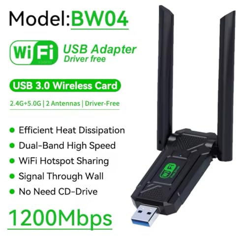 Adaptador Wi-Fi USB 3.0 Sem Fio de Dupla Antena 1200 Mbps, Dual Band 2.4GHz + 5GHz, Free Driver, Pre
