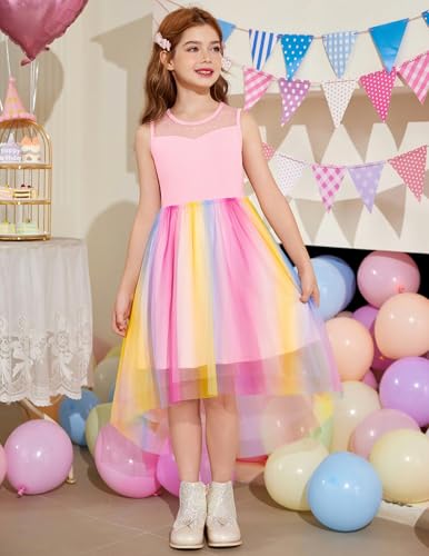 Image of Arshiner Girls Dresses Formal Party Wedding Tulle Sleeveless Contrast Mesh High Low Dress with Belt