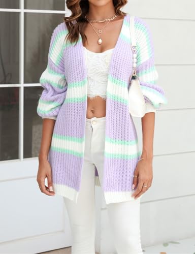 Mywinway Striped Cardigan Sweaters for Women Fall Long Sleeve Open Front Causal Loose Colorful Knit Sweater Top Coats4