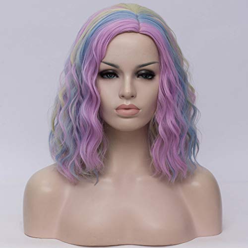 BUFASHION 14" Women Short Light Pink Kinky Straight Cosplay Synthetic Wigs With Air Bangs 46 Colors Available (Colorful 3)
